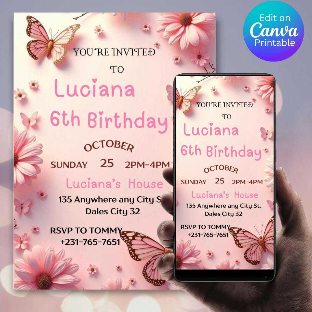 Invito di compleanno a forma di farfalla: floreale viola, festa per ragazze (modello Canva modificabile)