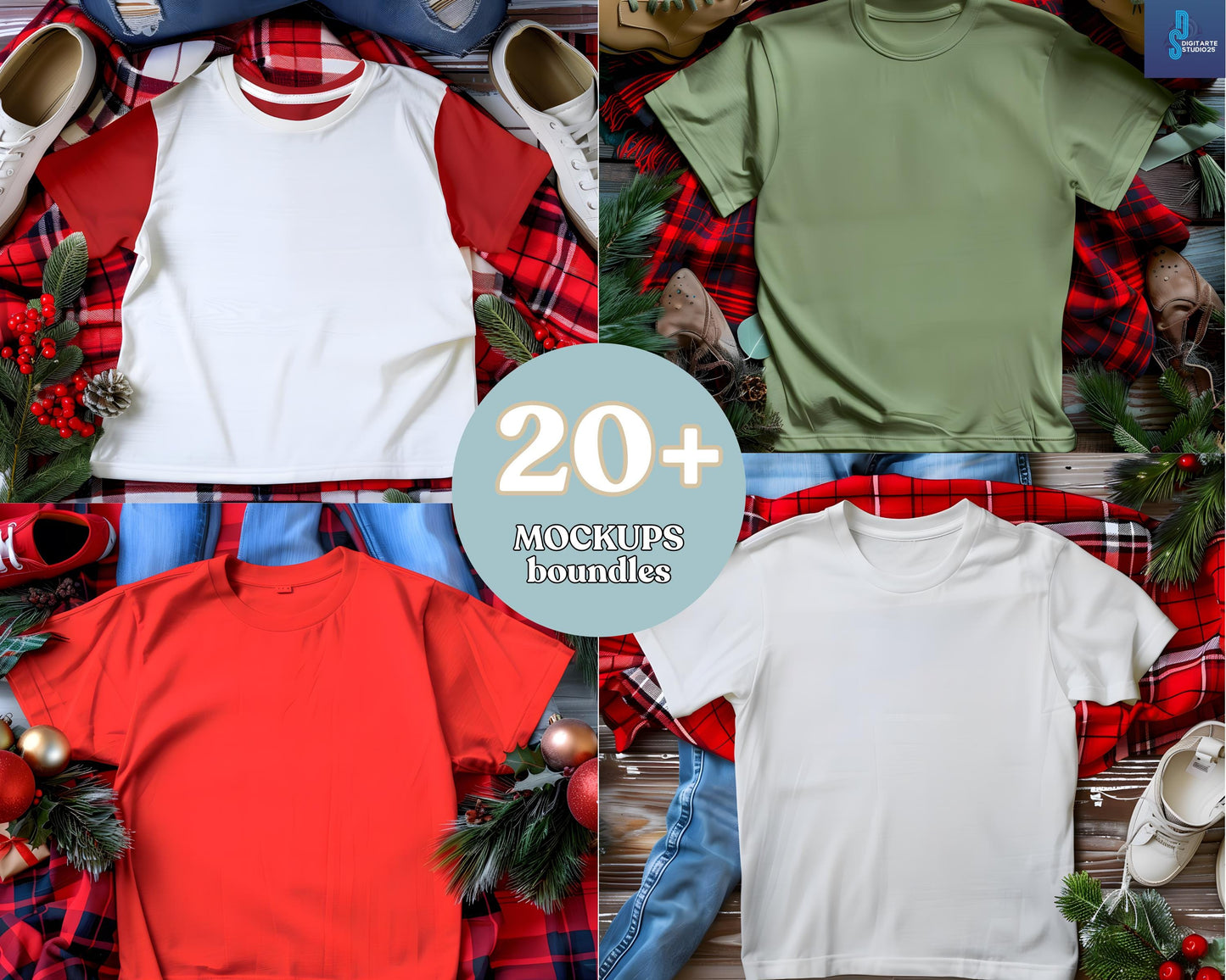 Christmas T-Shirt Mockup Bundle, Festive Holiday Designs (Digital Download)