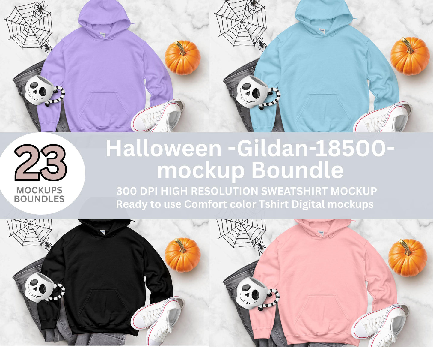 Halloween Hoodie Mockup Bundle, Cozy Fall Designs, Gildan 18500 Mockup, Digital Download, Autumn Apparel