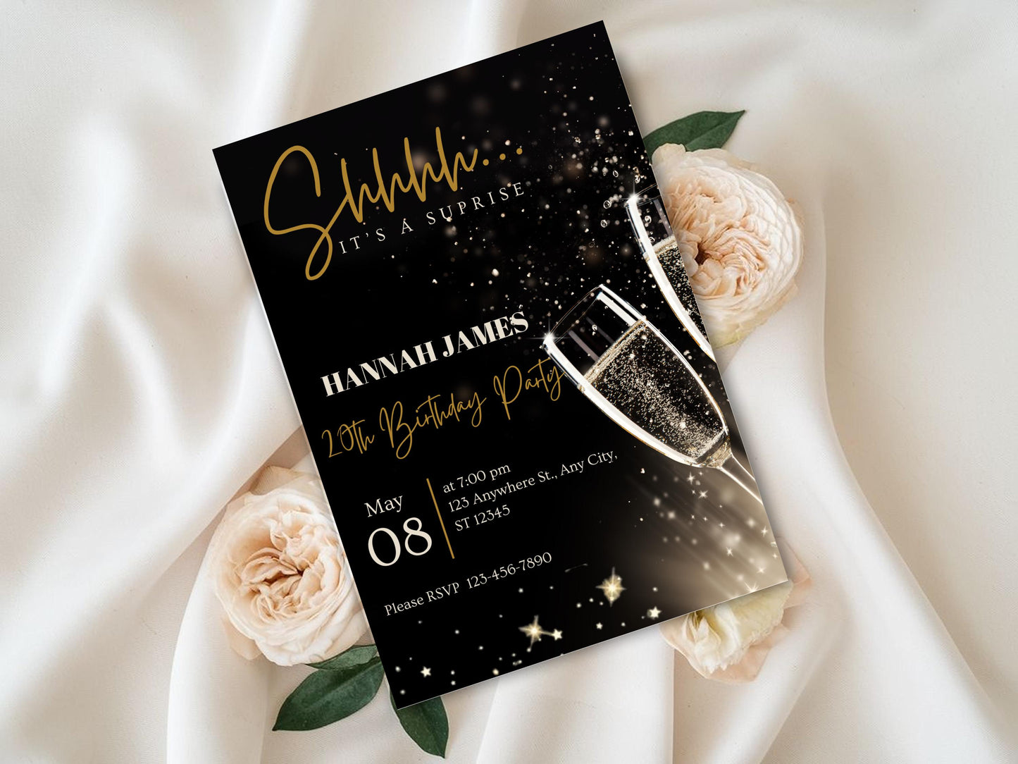 Invito di compleanno a sorpresa con glitter nero e oro (invito digitale)