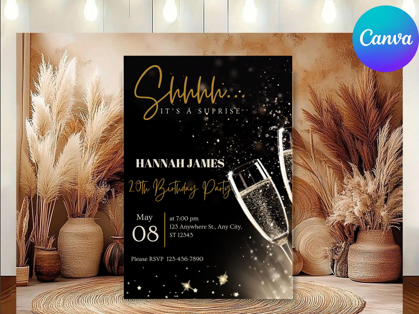 Invito di compleanno a sorpresa con glitter nero e oro (invito digitale)