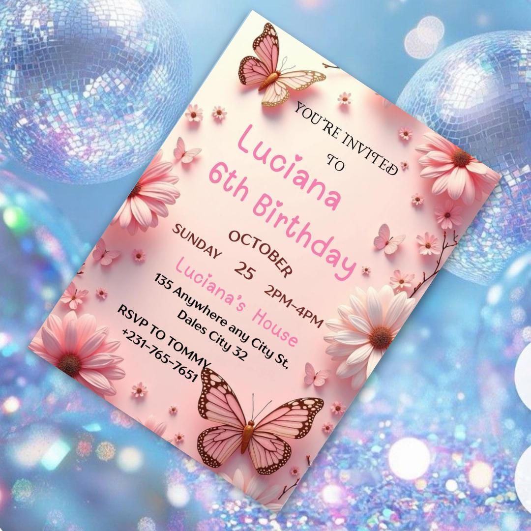 Invito di compleanno a forma di farfalla: floreale viola, festa per ragazze (modello Canva modificabile)