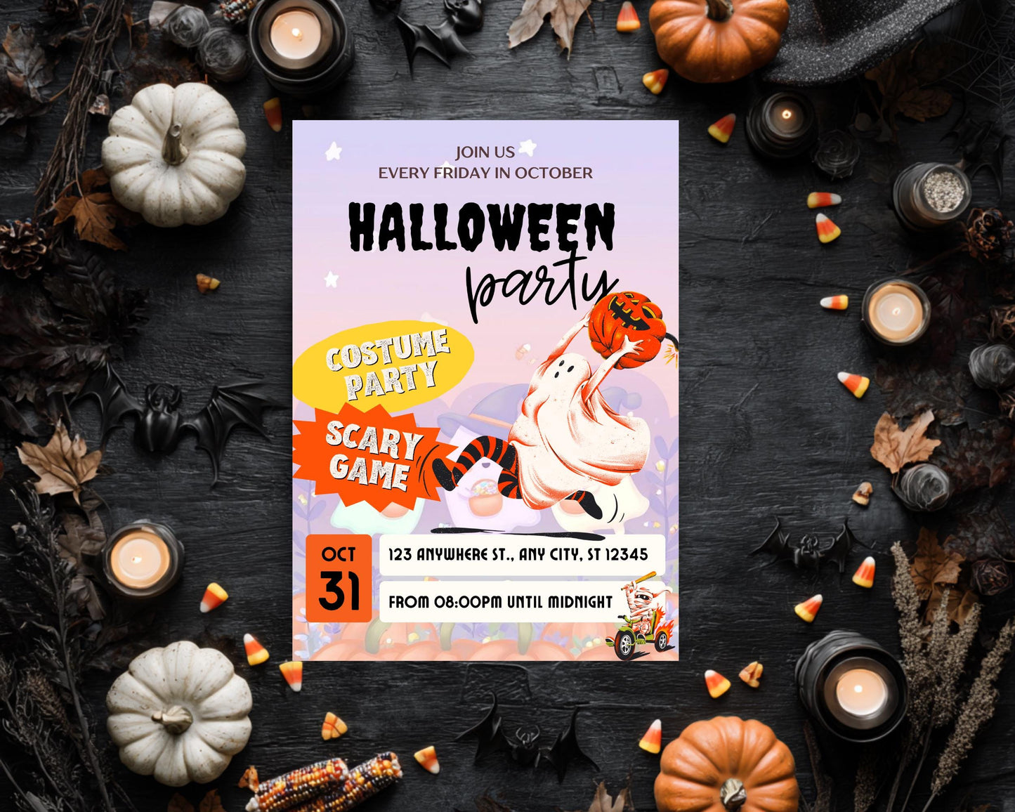 Invito alla festa di Halloween con parata di fantasmi: modello Canva spettrale e modificabile