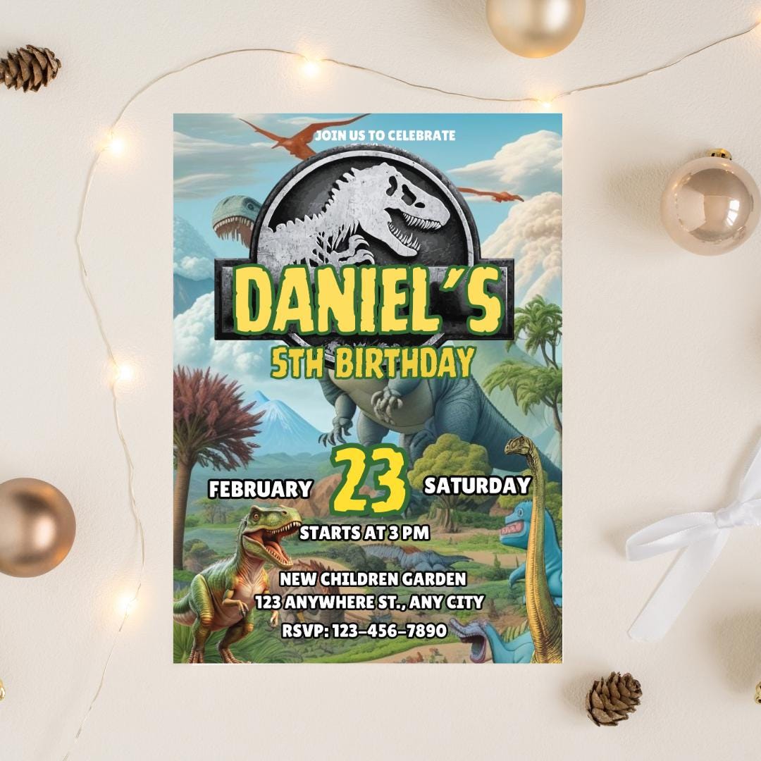 Invito di compleanno modificabile a tema dinosauri: festa T-Rex, ragazzi 1-4 anni (download digitale)