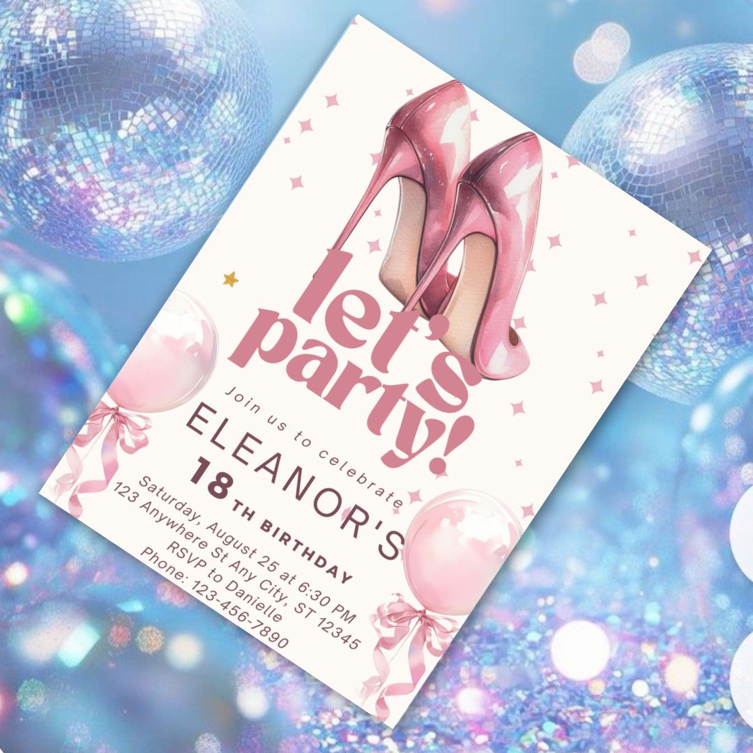 Invito di compleanno con tacchi rosa: elegante modello modificabile Canva