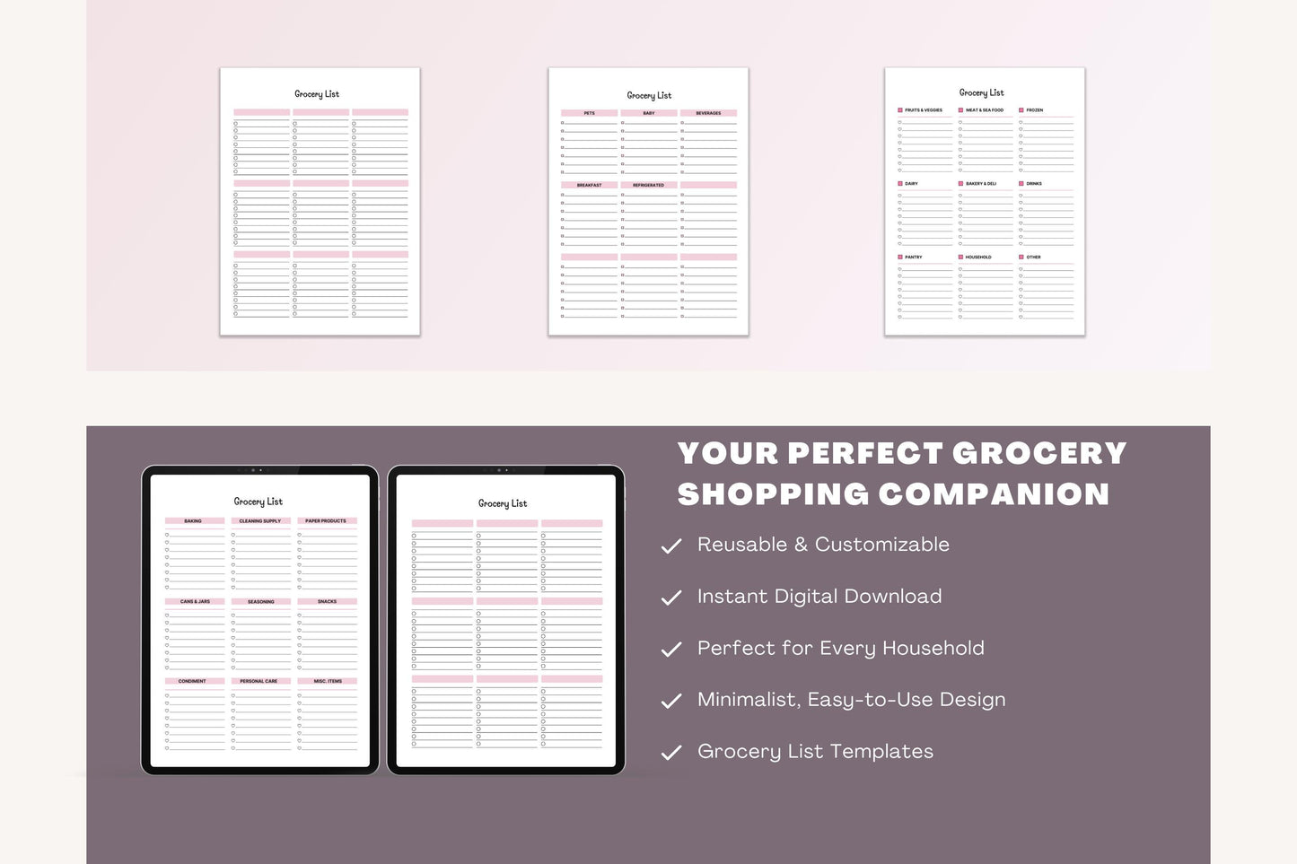 Printable Grocery List Bundle, Weekly Meal Planner (Digital Download PDF)