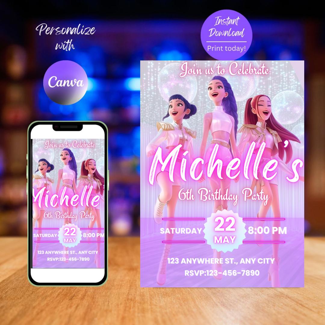 Invito di compleanno Kpop per bambini: Anime Monsters, modello Canva modificabile (download digitale)