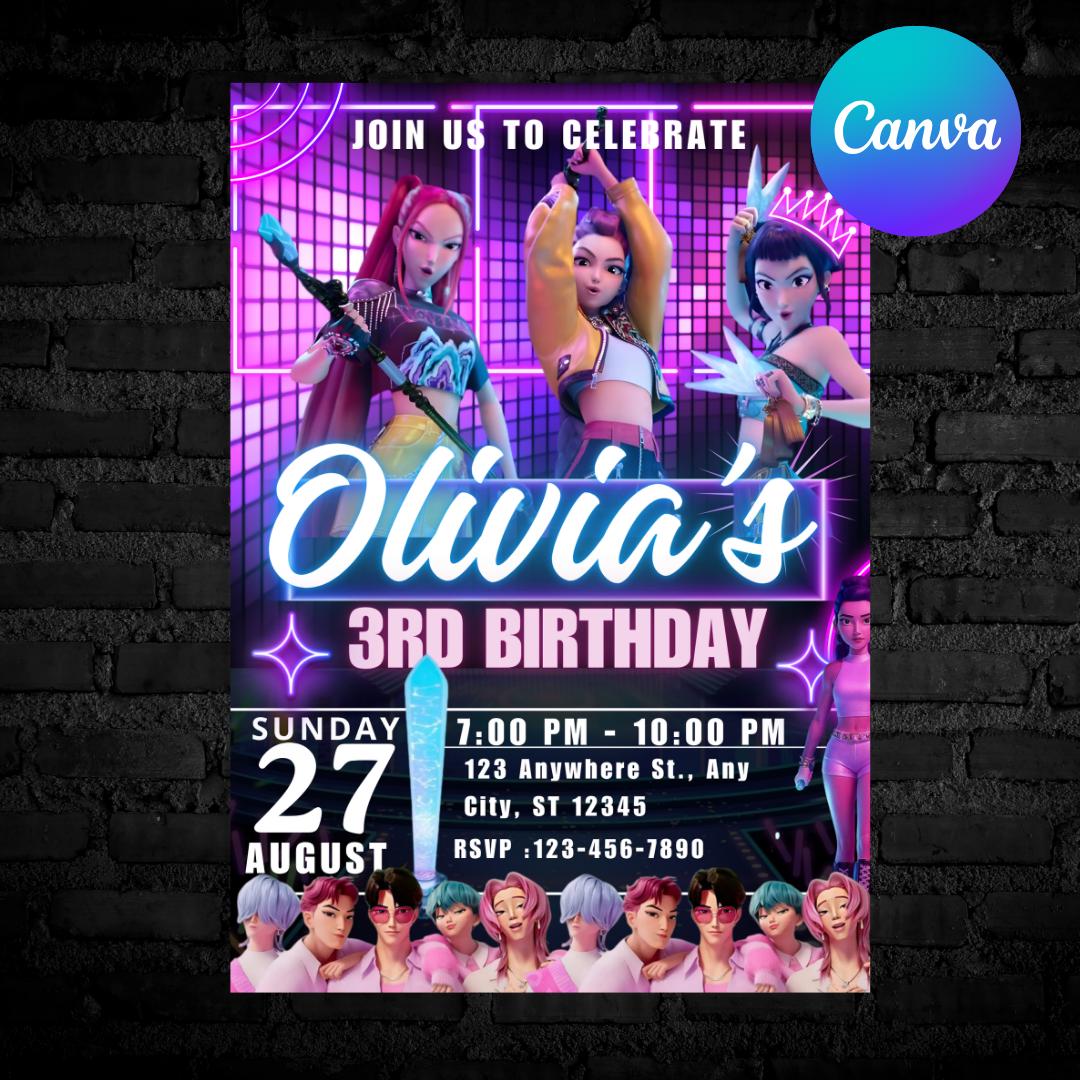 Kpop Demon Hunters Birthday Invitation,  kpop theme demon hunter party, editable party invite, demon huntrix birthay party decor for fun IV