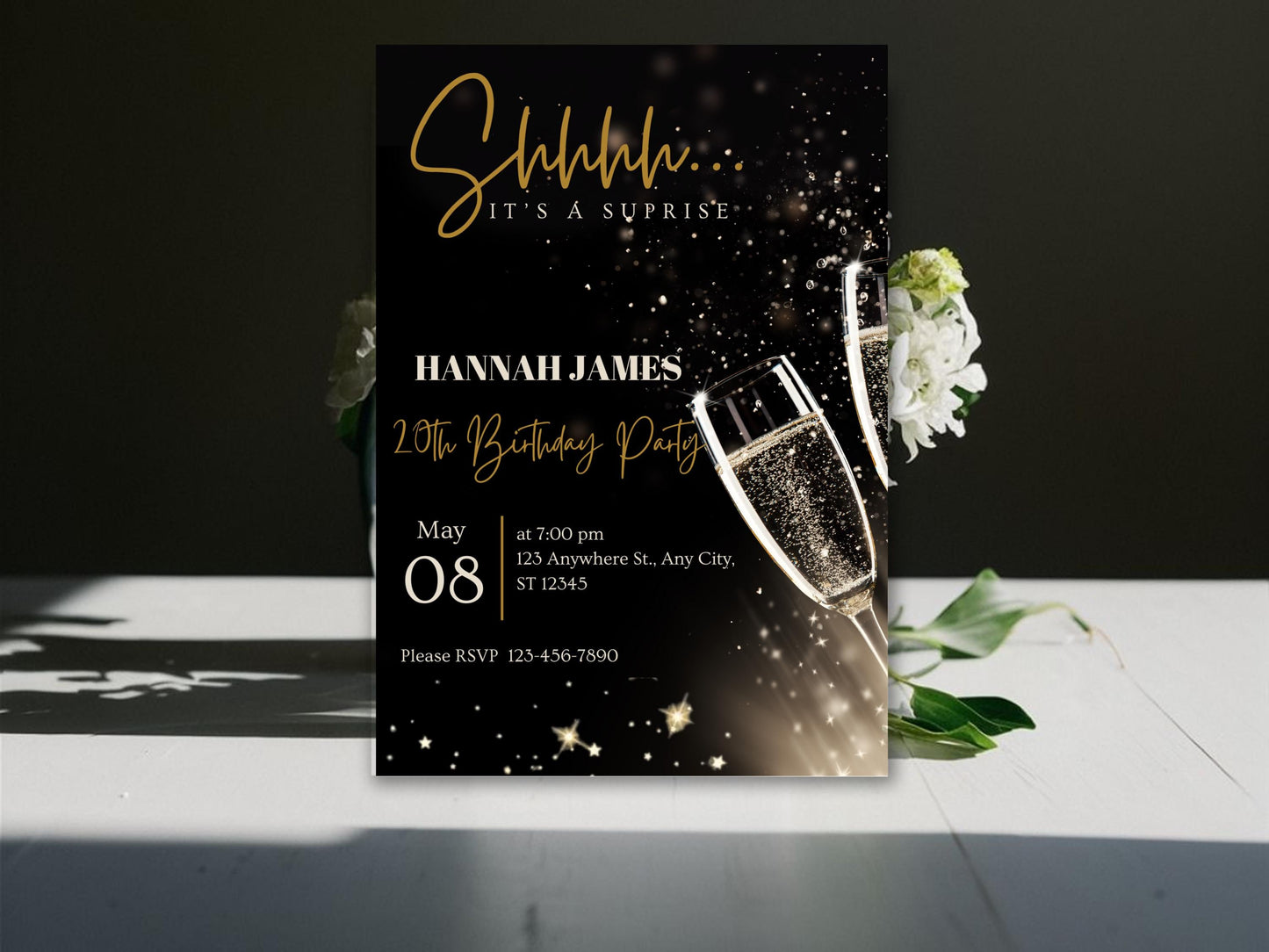 Invito di compleanno a sorpresa con glitter nero e oro (invito digitale)