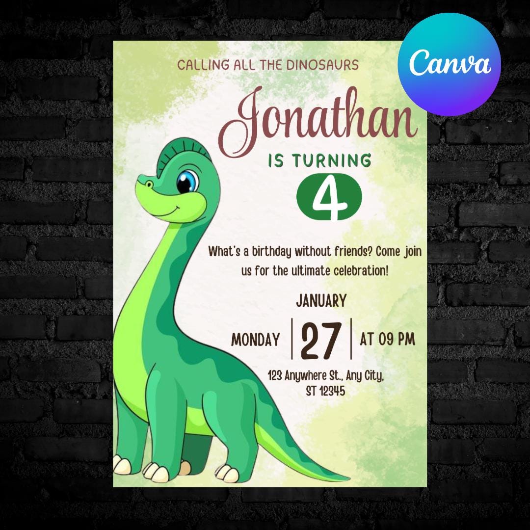 Dinosaur 3rd Birthday Invitation: Three-Rex Party, Editable Canva Template