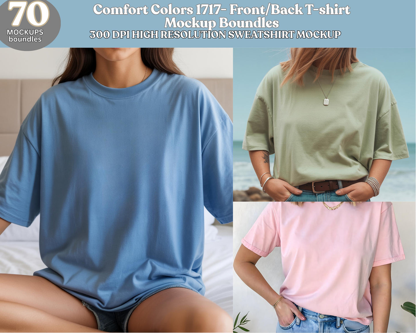 Comfort Colors 1717 T-Shirt Mockup Bundle, 70 Boho Oversized Tee Mockups