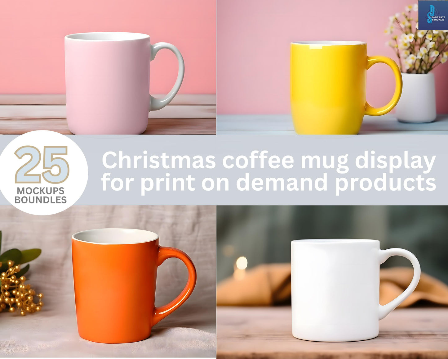 Christmas Mug Mockup Bundle, 25 White Coffee Mug, POD Mockups (Digital Download)