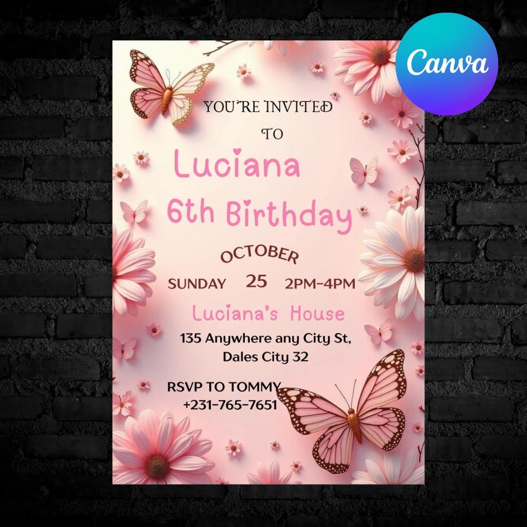 Invito di compleanno a forma di farfalla: floreale viola, festa per ragazze (modello Canva modificabile)