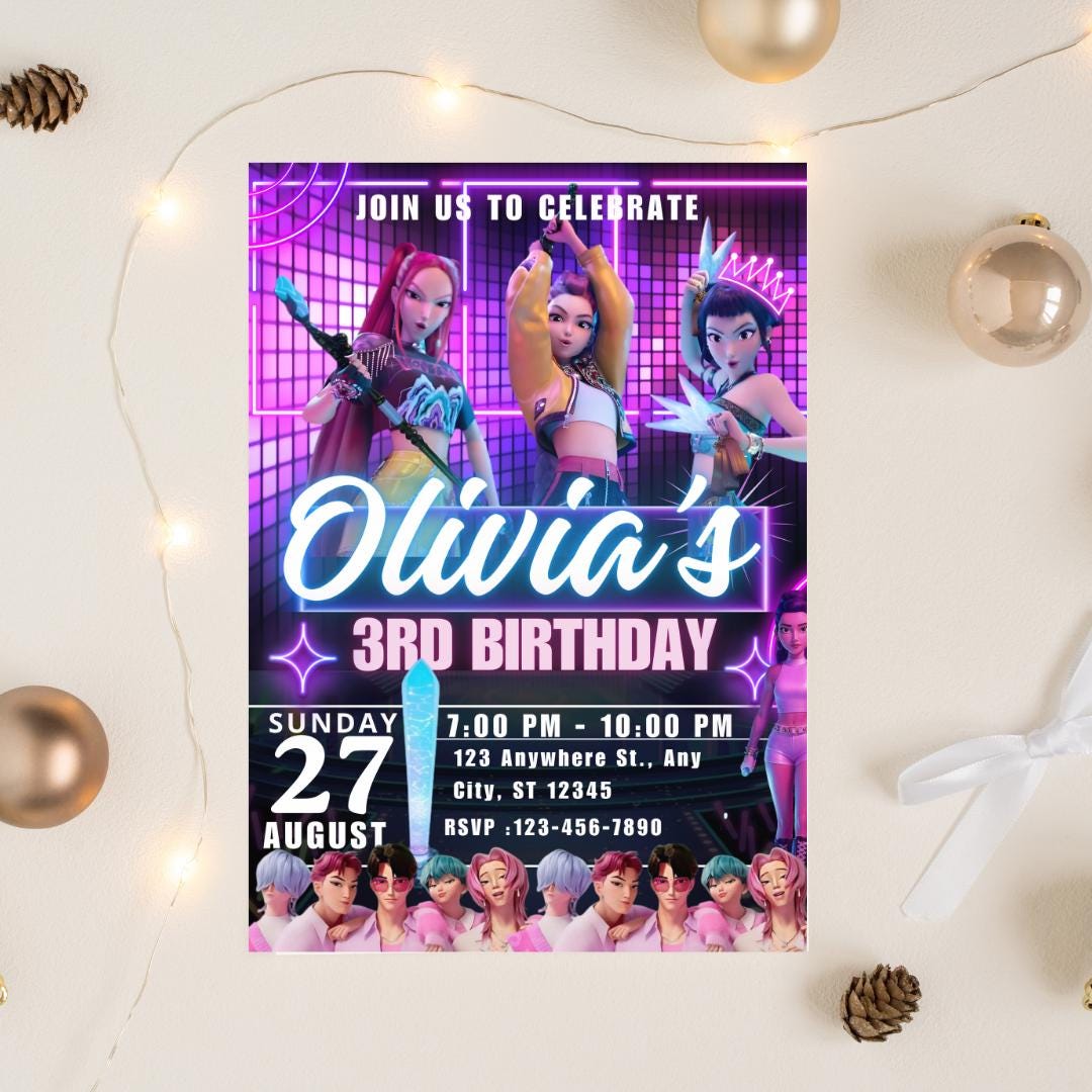 Invito di compleanno per cacciatori di demoni Kpop, festa a tema cacciatori di demoni Kpop, invito per festa modificabile, decorazioni per feste di compleanno per cacciatori di demoni per divertimento IV