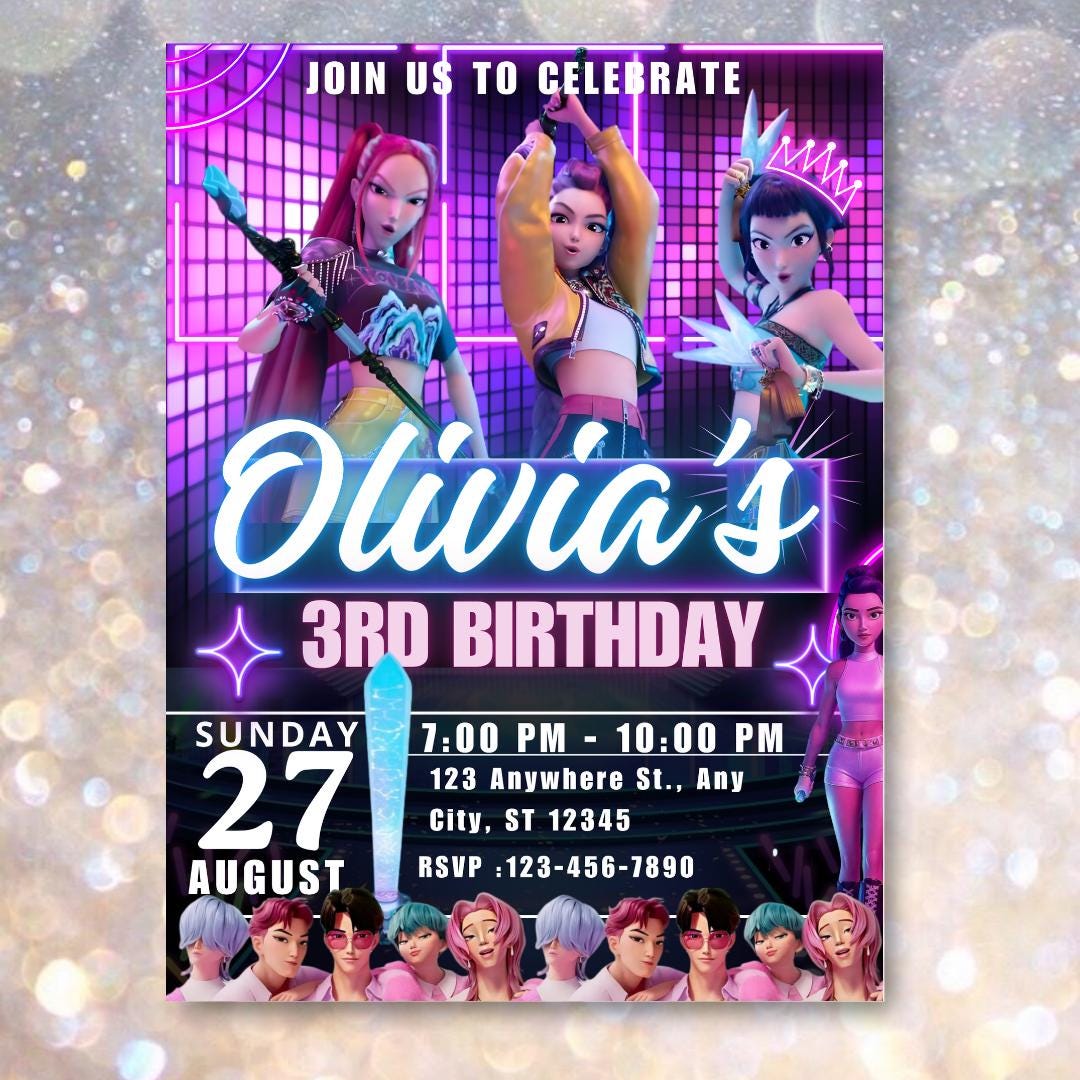 Kpop Demon Hunters Birthday Invitation,  kpop theme demon hunter party, editable party invite, demon huntrix birthay party decor for fun IV