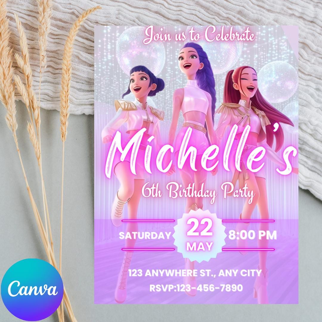 Invito di compleanno Kpop per bambini: Anime Monsters, modello Canva modificabile (download digitale)