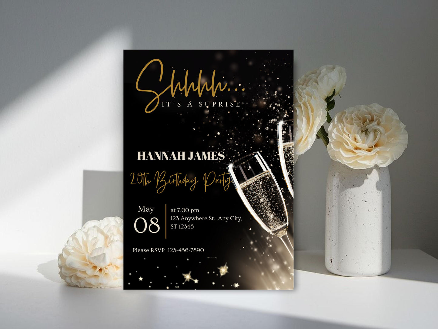 Invito di compleanno a sorpresa con glitter nero e oro (invito digitale)