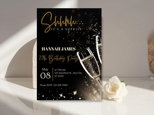 Invito di compleanno a sorpresa con glitter nero e oro (invito digitale)