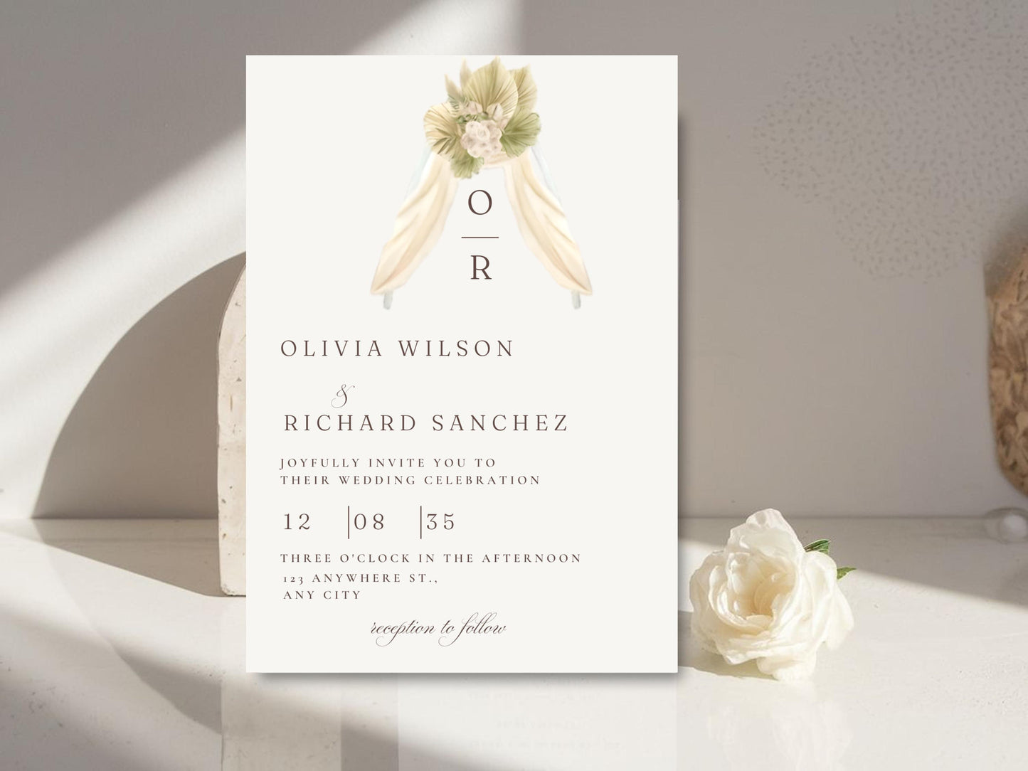Rustic Monogram Wedding Invitation: Beige Floral Canva Template