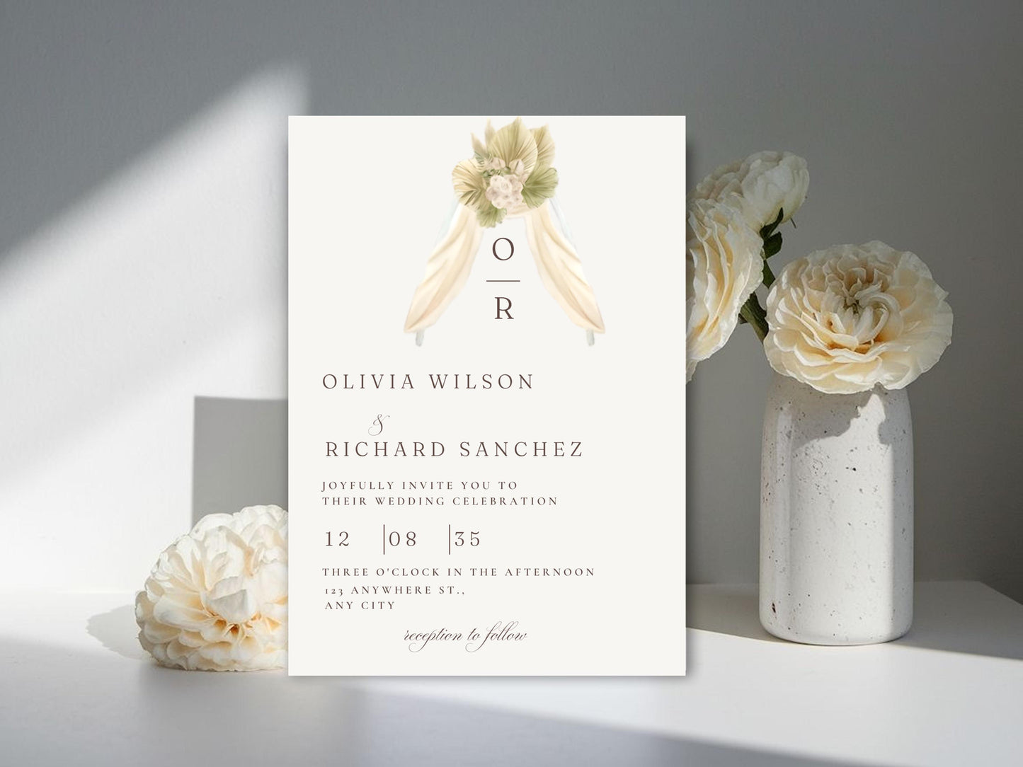 Rustic Monogram Wedding Invitation: Beige Floral Canva Template