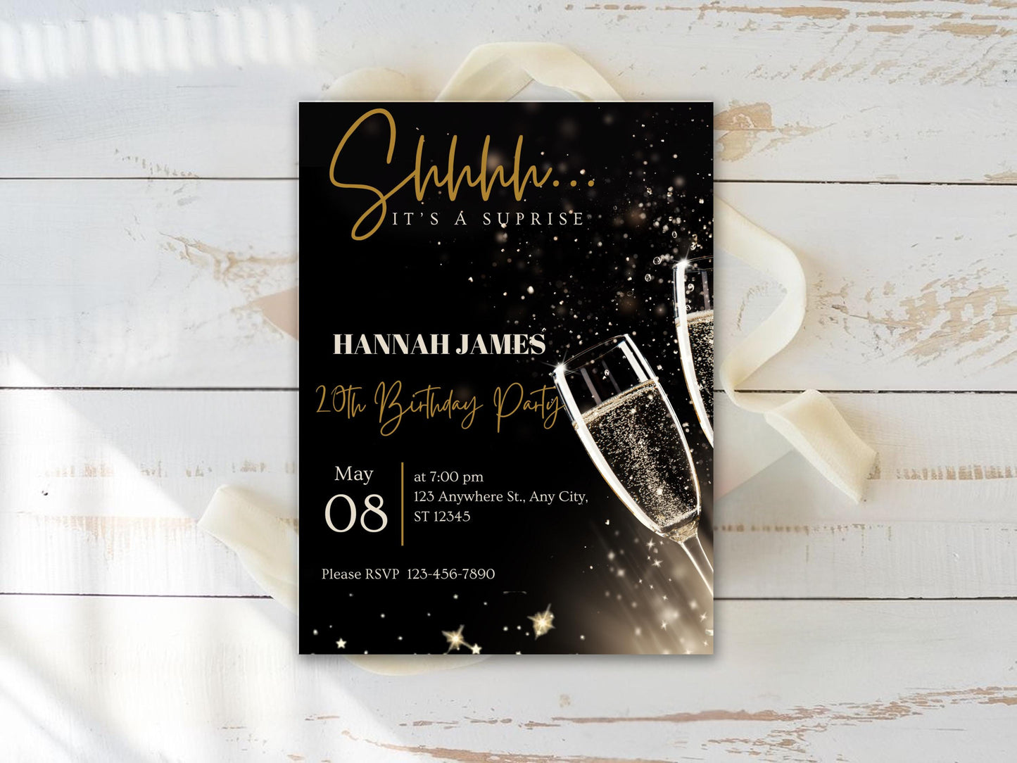 Invito di compleanno a sorpresa con glitter nero e oro (invito digitale)