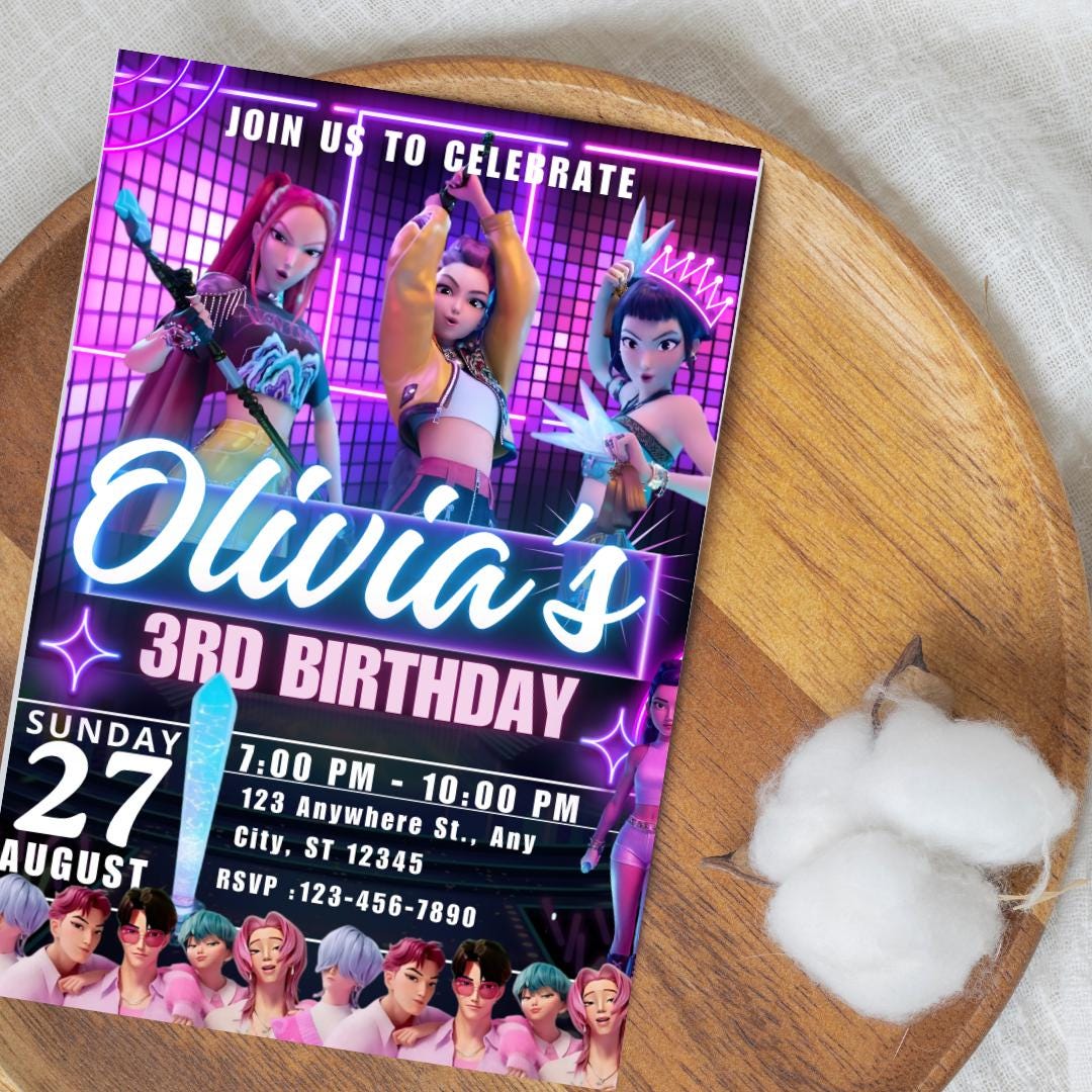 Kpop Demon Hunters Birthday Invitation,  kpop theme demon hunter party, editable party invite, demon huntrix birthay party decor for fun IV