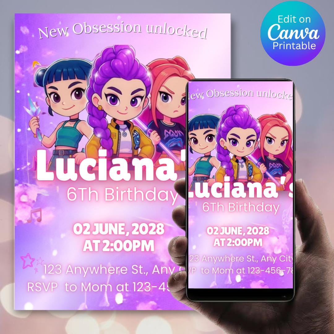 Invito modificabile per bambini Anime Kpop, invito Neon Kpop Demon Hunters, inviti stampabili per ragazze di compleanno Anime Kpop