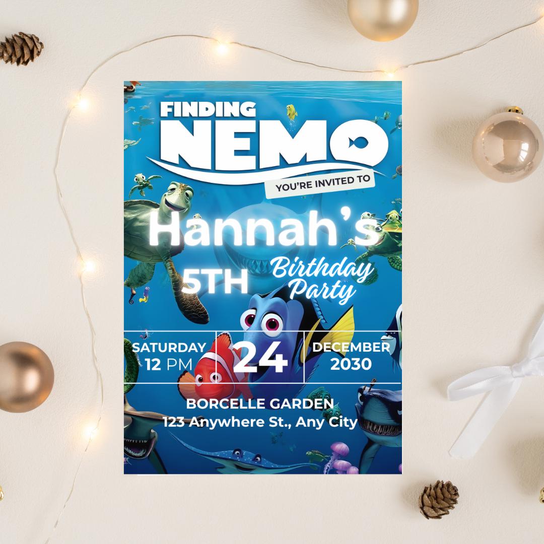 Invito di compleanno alla ricerca di Nemo: invito modificabile per una festa a tema oceano (modello Canva)