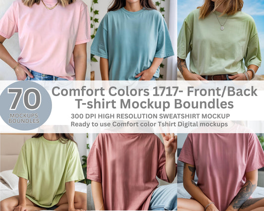 Pacchetto di mockup di magliette 70 Comfort Colors 1717, mockup di magliette oversize, mockup di magliette Comfort Colors con estetica boho, bundle di mockup POD, magliette