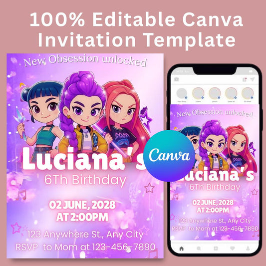 Invito modificabile per bambini Anime Kpop, invito Neon Kpop Demon Hunters, inviti stampabili per ragazze di compleanno Anime Kpop