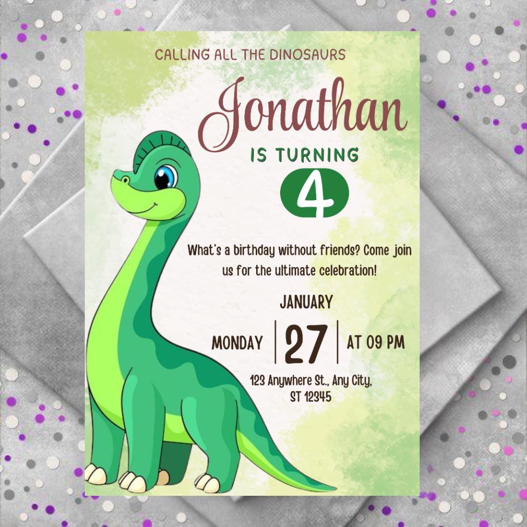 Invito per il terzo compleanno dei dinosauri: festa dei tre Rex, modello Canva modificabile