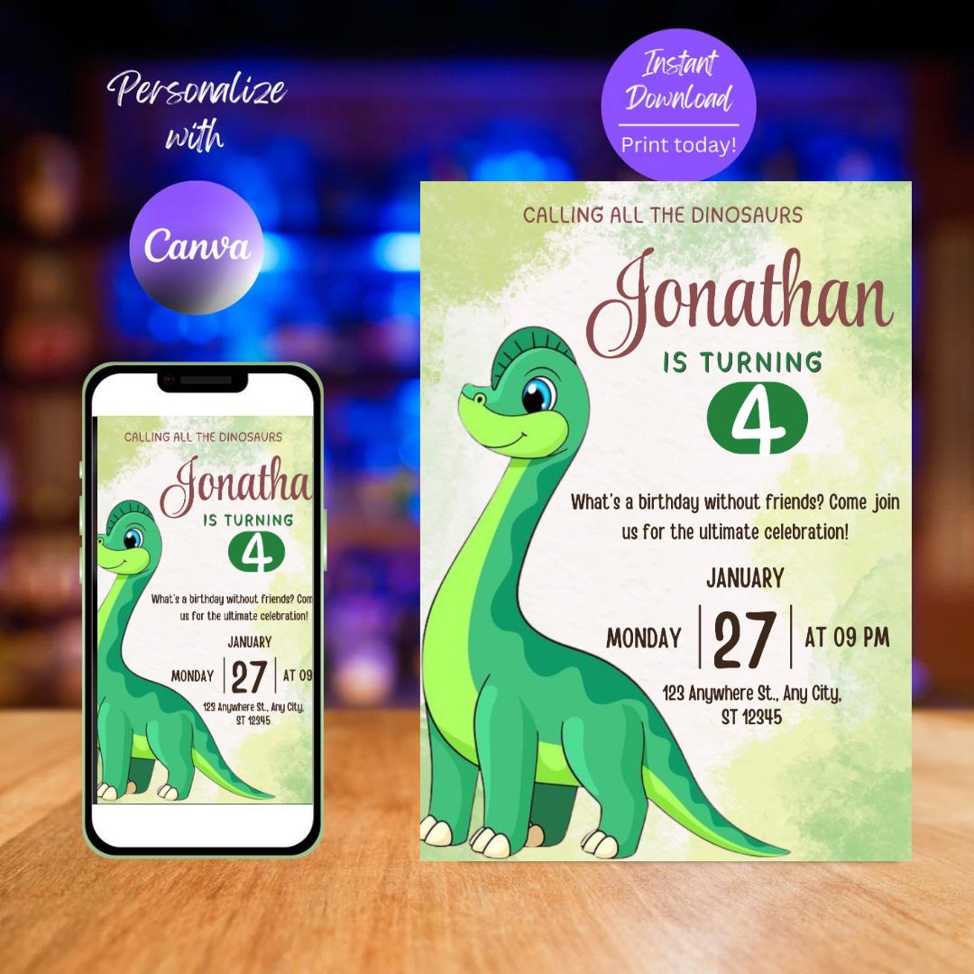 Dinosaur 3rd Birthday Invitation: Three-Rex Party, Editable Canva Template