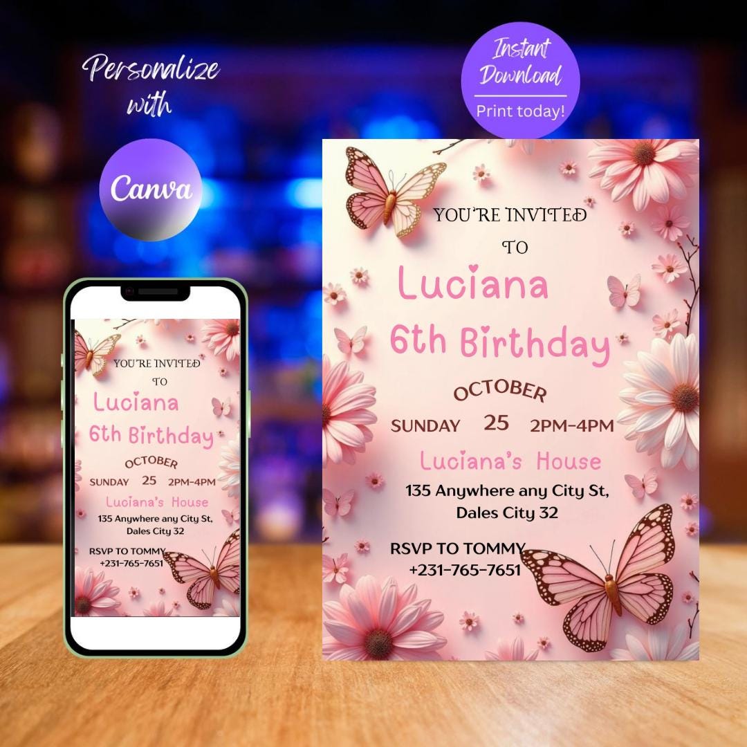 Butterfly Birthday Invitation: Purple Floral, Girl Party (Editable Canva Template)