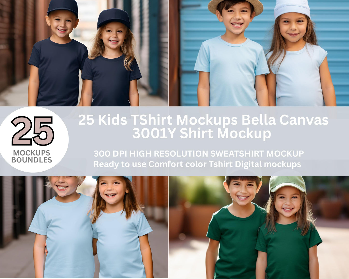 25 Kids T-Shirt Mockups, Bella Canvas 3001Y (PSD + JPEG)