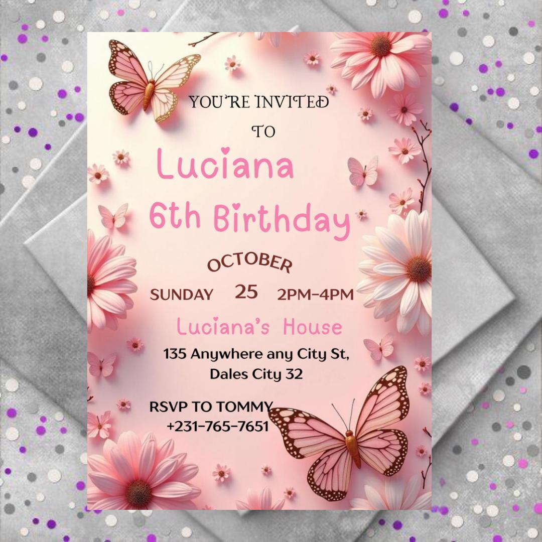 Butterfly Birthday Invitation: Purple Floral, Girl Party (Editable Canva Template)