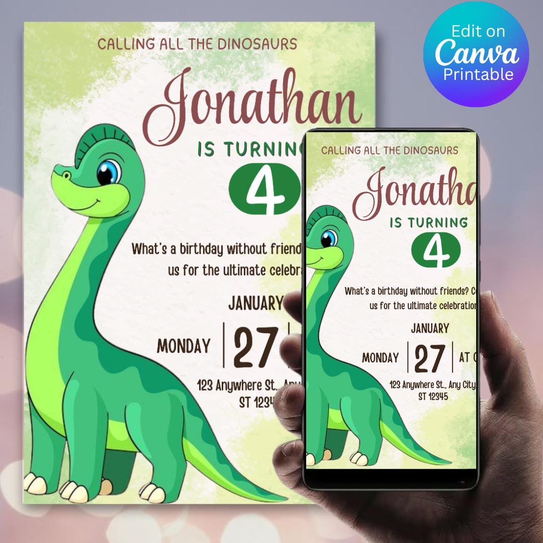 Invito per il terzo compleanno dei dinosauri: festa dei tre Rex, modello Canva modificabile